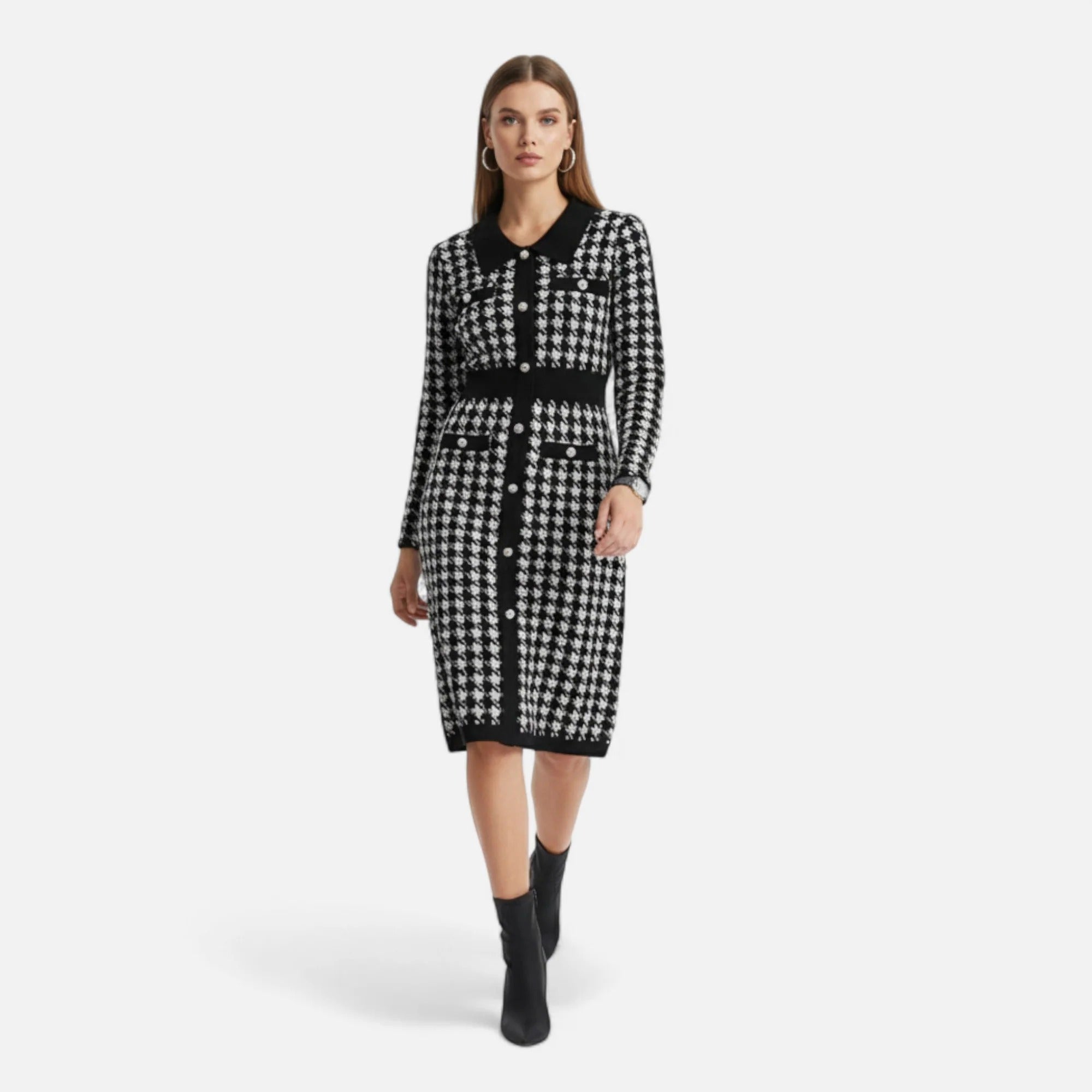 Grenval™ | Women’s Pencil Sheath Dress in Black & White Houndstooth